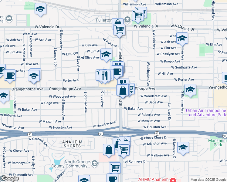 map of restaurants, bars, coffee shops, grocery stores, and more near 1020 Lime Tree Place in Fullerton