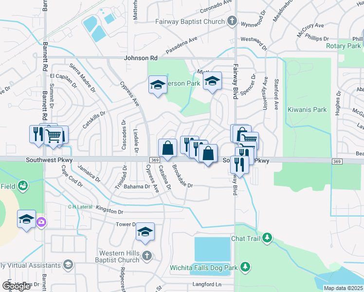 map of restaurants, bars, coffee shops, grocery stores, and more near 4653 Brookdale Drive in Wichita Falls