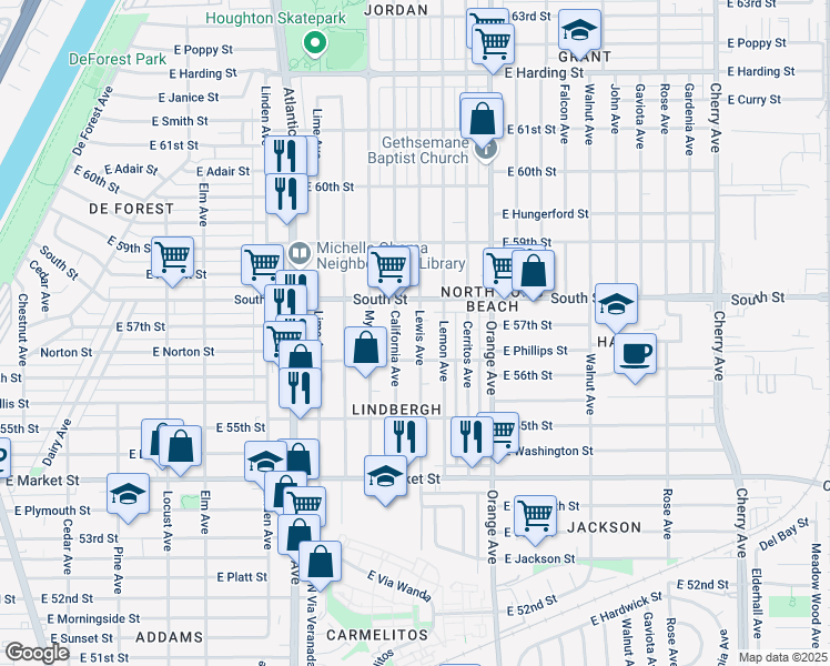 map of restaurants, bars, coffee shops, grocery stores, and more near 5649 Lewis Avenue in Long Beach