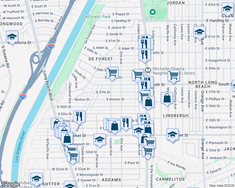 map of restaurants, bars, coffee shops, grocery stores, and more near 334 East 57th Street in Long Beach