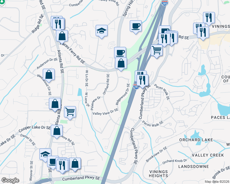 map of restaurants, bars, coffee shops, grocery stores, and more near 3854 Hillcrest Drive Southeast in Smyrna