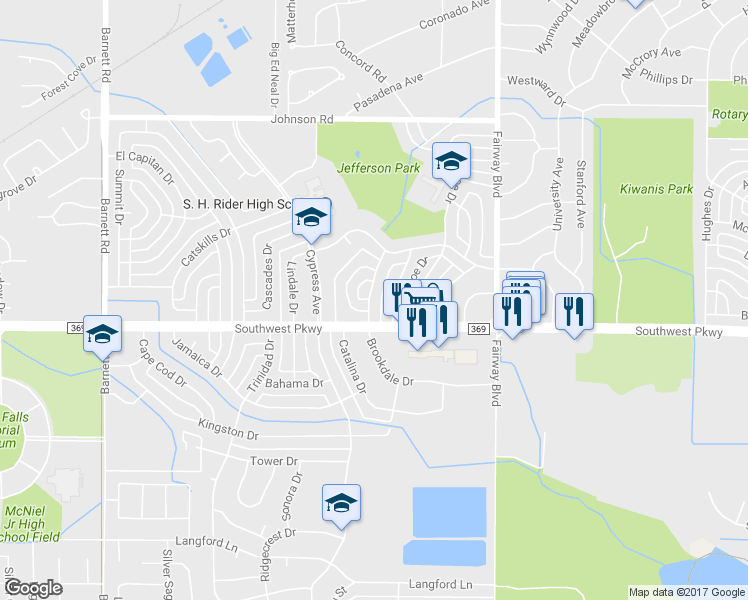 map of restaurants, bars, coffee shops, grocery stores, and more near 4657 Brookdale Drive in Wichita Falls