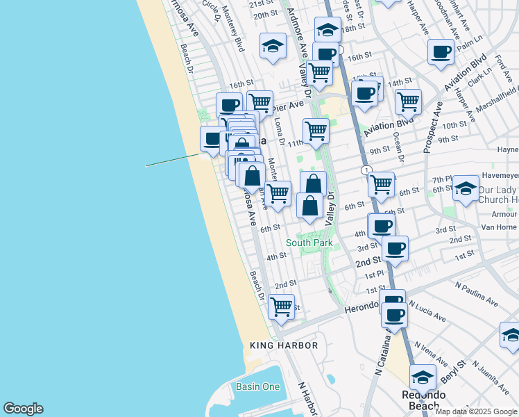 map of restaurants, bars, coffee shops, grocery stores, and more near 726 Palm Drive in Hermosa Beach