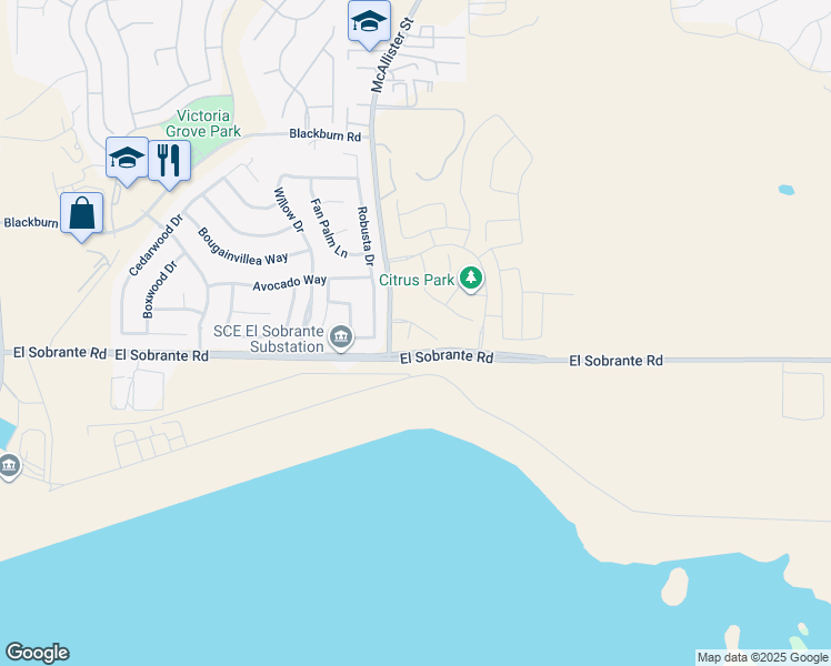 map of restaurants, bars, coffee shops, grocery stores, and more near 17950 Anderson Valley Court in Riverside