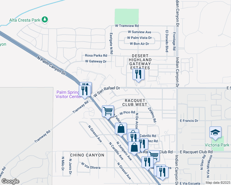 map of restaurants, bars, coffee shops, grocery stores, and more near 550 North Villa Court in Palm Springs