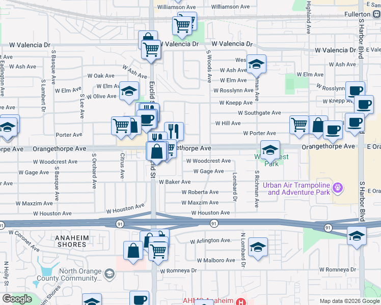 map of restaurants, bars, coffee shops, grocery stores, and more near 742 West Orangethorpe Avenue in Fullerton