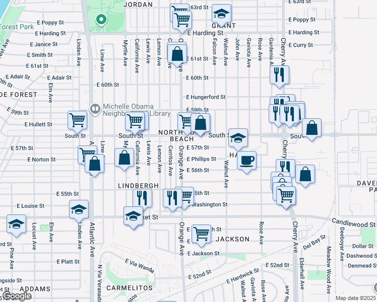 map of restaurants, bars, coffee shops, grocery stores, and more near 1222 East 57th Street in Long Beach