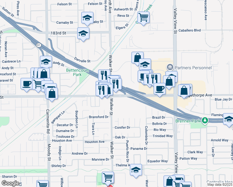 map of restaurants, bars, coffee shops, grocery stores, and more near 5545 Orangethorpe Ave in La Palma