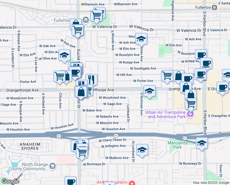map of restaurants, bars, coffee shops, grocery stores, and more near 642 West Orangethorpe Avenue in Fullerton