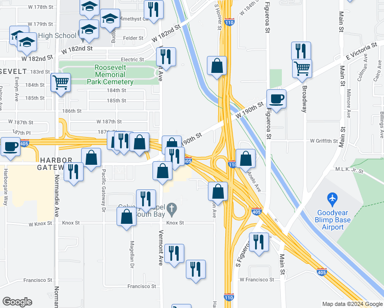 map of restaurants, bars, coffee shops, grocery stores, and more near 802 West 190th Street in Gardena