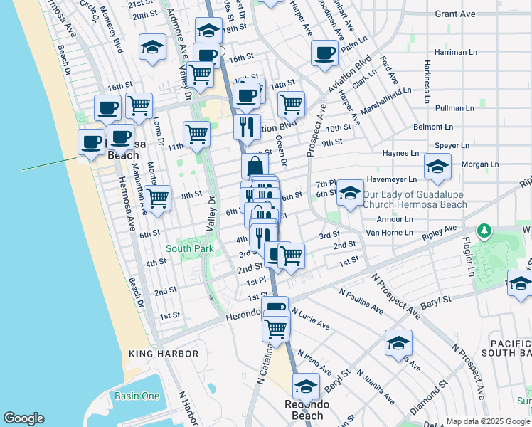 map of restaurants, bars, coffee shops, grocery stores, and more near 524 East Pacific Coast Highway in Hermosa Beach