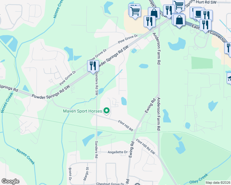 map of restaurants, bars, coffee shops, grocery stores, and more near 3846 Cedar Drive in Marietta