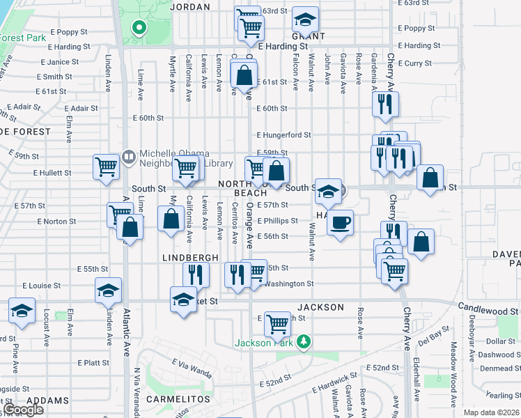 map of restaurants, bars, coffee shops, grocery stores, and more near 1222 East 57th Street in Long Beach