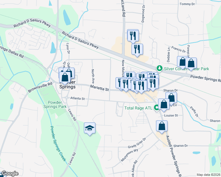 map of restaurants, bars, coffee shops, grocery stores, and more near 4232 Marietta Street in Powder Springs