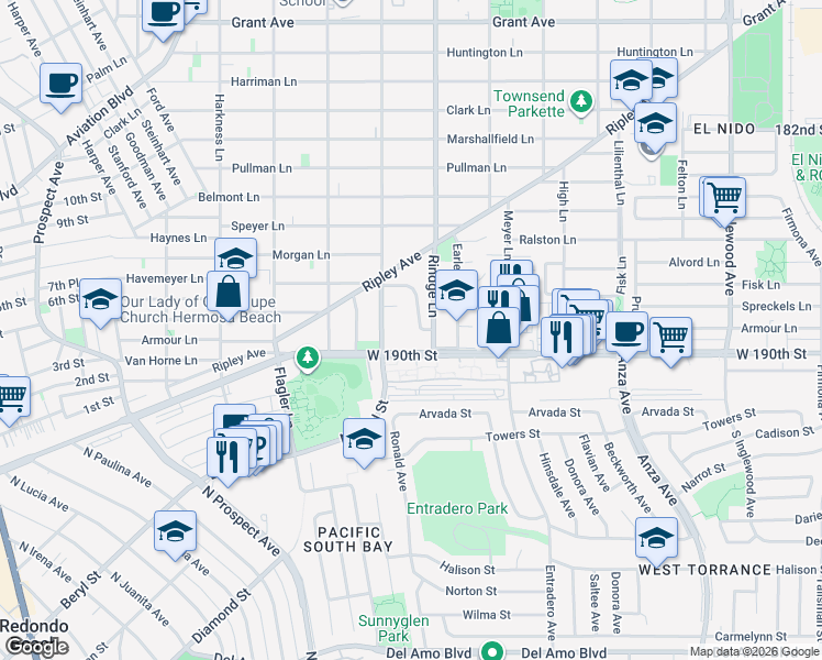 map of restaurants, bars, coffee shops, grocery stores, and more near 2126 Havemeyer Lane in Redondo Beach