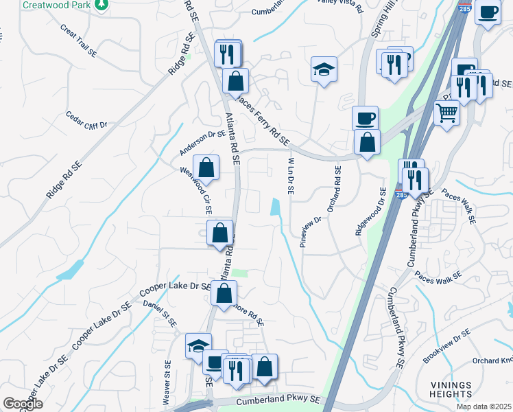 map of restaurants, bars, coffee shops, grocery stores, and more near 3883 Wakefield Hall Square in Smyrna