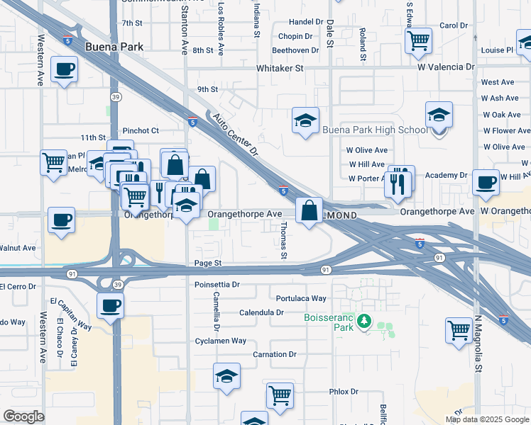 map of restaurants, bars, coffee shops, grocery stores, and more near 8252 Orangethorpe Avenue in Buena Park