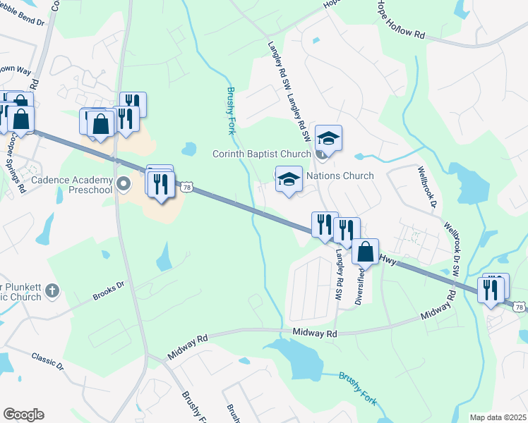 map of restaurants, bars, coffee shops, grocery stores, and more near 3235 Brushy Drive in Loganville