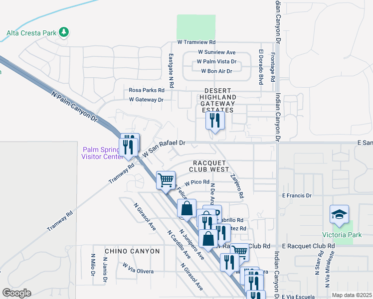 map of restaurants, bars, coffee shops, grocery stores, and more near 510 West San Rafael Drive in Palm Springs