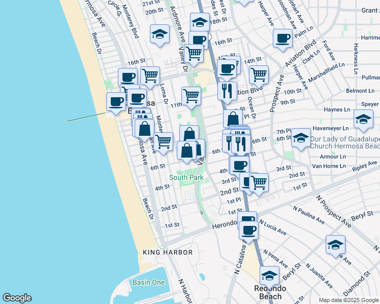 map of restaurants, bars, coffee shops, grocery stores, and more near 717 Valley Drive in Hermosa Beach