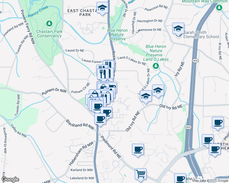 map of restaurants, bars, coffee shops, grocery stores, and more near 3830 Roswell Road Northeast in Atlanta