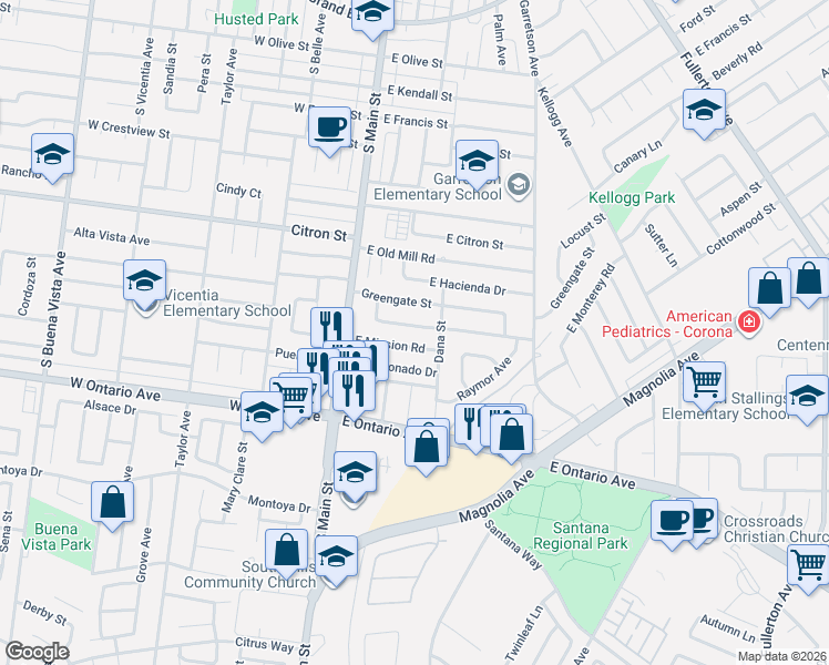 map of restaurants, bars, coffee shops, grocery stores, and more near 285 East Monterey Road in Corona