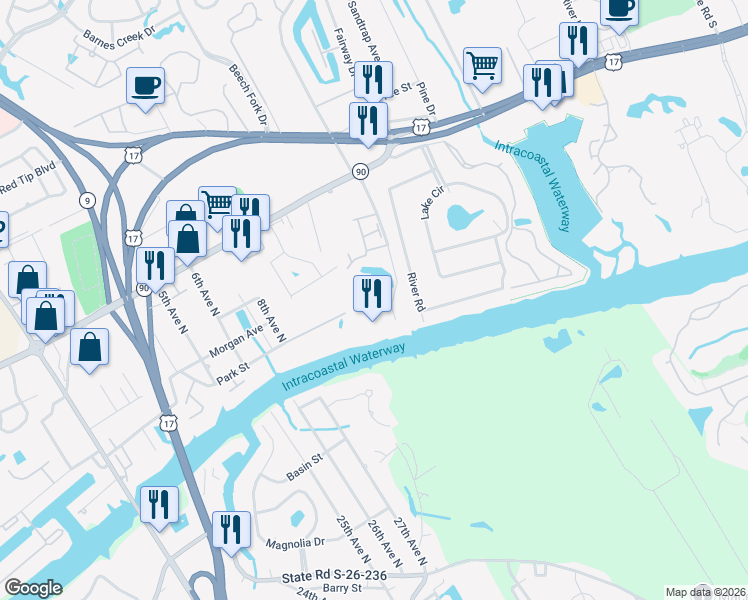 map of restaurants, bars, coffee shops, grocery stores, and more near 4191 Mini Market Road in Little River