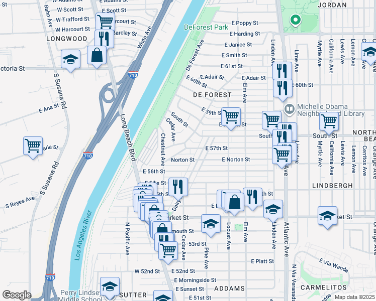 map of restaurants, bars, coffee shops, grocery stores, and more near 150 East 57th Street in Long Beach
