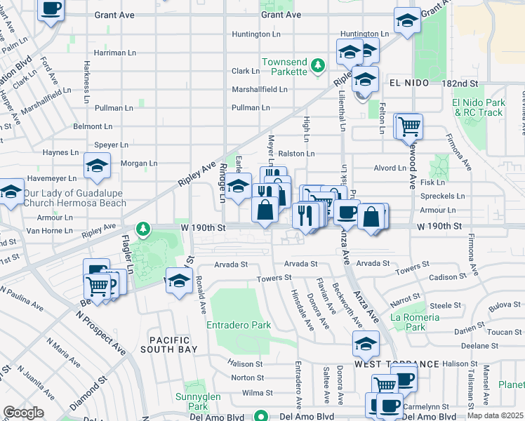map of restaurants, bars, coffee shops, grocery stores, and more near 515 Meyer Lane in Redondo Beach