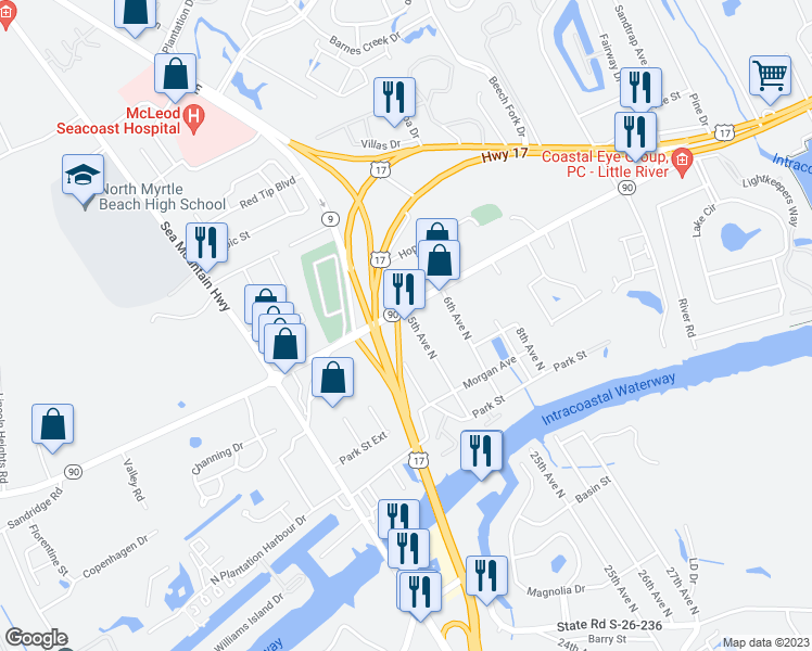 map of restaurants, bars, coffee shops, grocery stores, and more near 210 Highway 90 in Little River