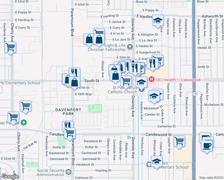 map of restaurants, bars, coffee shops, grocery stores, and more near 3200 East South Street in Lakewood