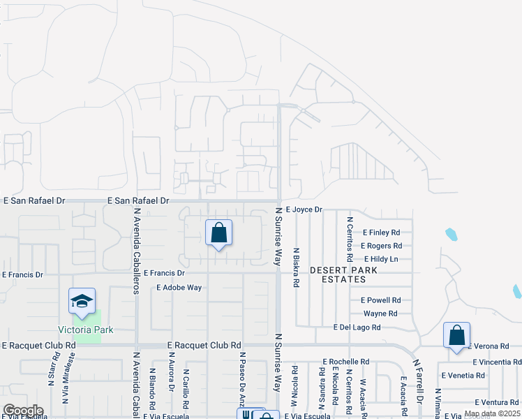 map of restaurants, bars, coffee shops, grocery stores, and more near 1632 Sunflower Court North in Palm Springs