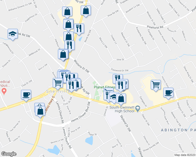 map of restaurants, bars, coffee shops, grocery stores, and more near 2326 Wisteria Drive Southwest in Snellville