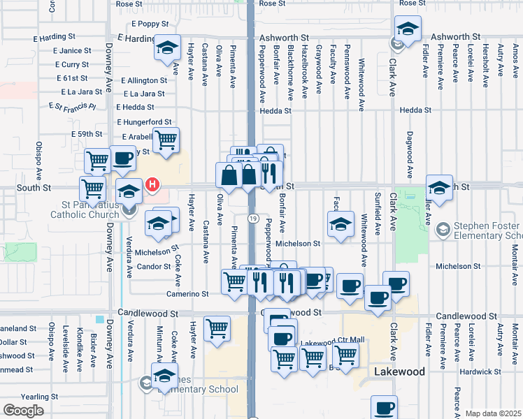 map of restaurants, bars, coffee shops, grocery stores, and more near 5672 Pepperwood Avenue in Lakewood