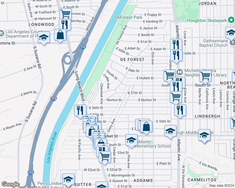 map of restaurants, bars, coffee shops, grocery stores, and more near 150 East 57th Street in Long Beach