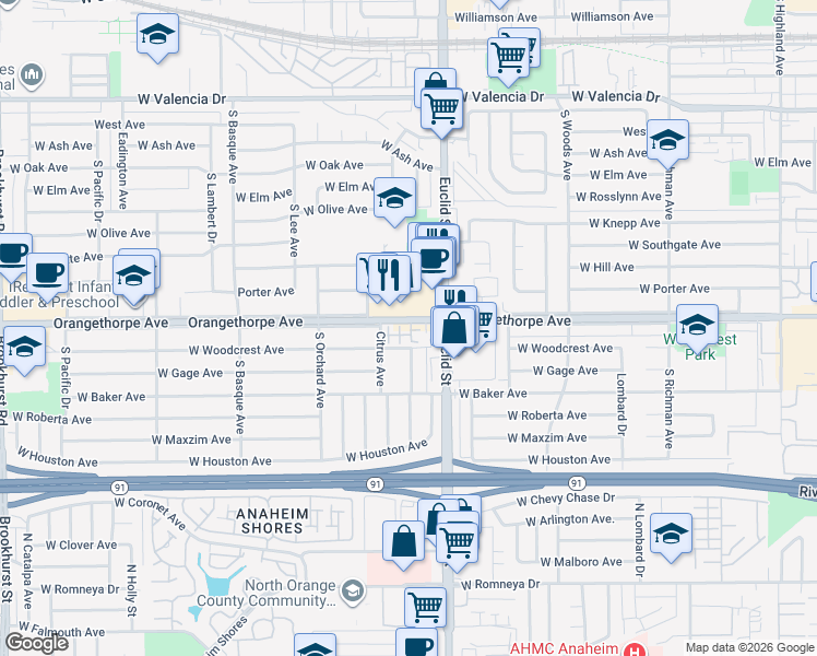 map of restaurants, bars, coffee shops, grocery stores, and more near 1043 West Orangethorpe Avenue in Fullerton