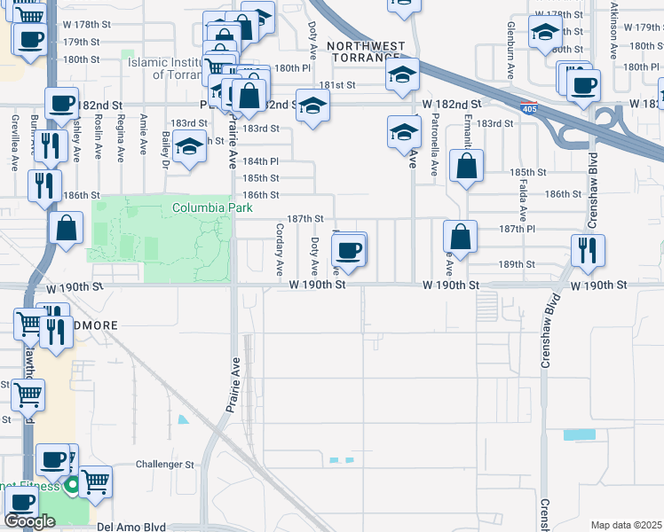 map of restaurants, bars, coffee shops, grocery stores, and more near 18907 Felbar Avenue in Torrance