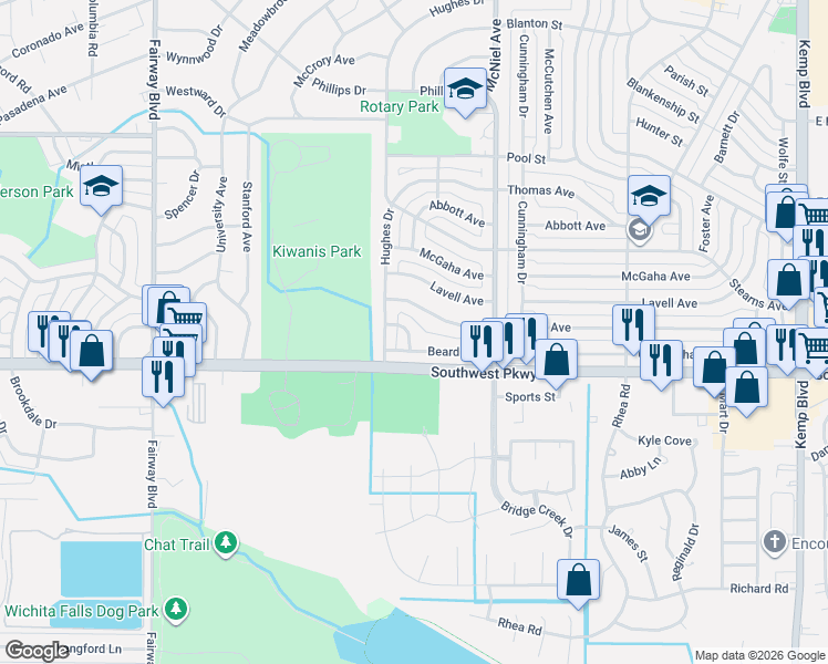 map of restaurants, bars, coffee shops, grocery stores, and more near 4503 Allison Drive in Wichita Falls
