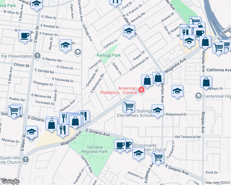 map of restaurants, bars, coffee shops, grocery stores, and more near 1925 Kellogg Avenue in Corona