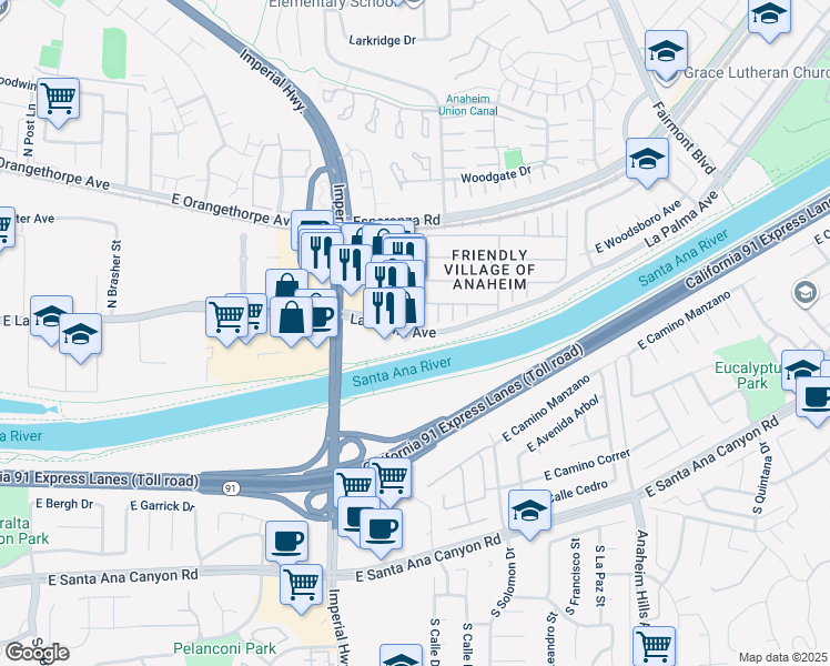 map of restaurants, bars, coffee shops, grocery stores, and more near 5757-B East La Palma Avenue in Anaheim
