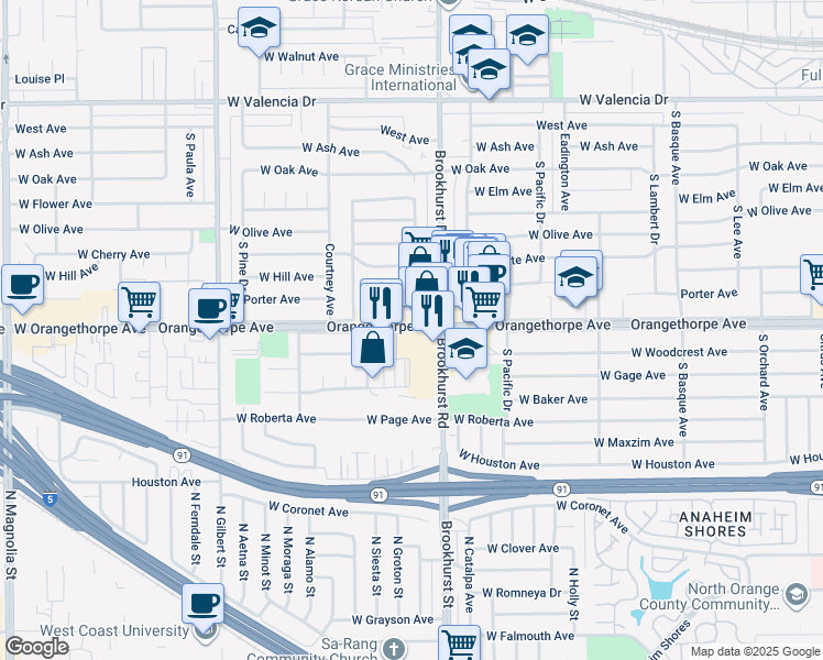 map of restaurants, bars, coffee shops, grocery stores, and more near 1849 West Orangethorpe Avenue in Fullerton