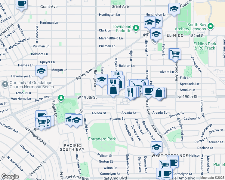 map of restaurants, bars, coffee shops, grocery stores, and more near 2215 Earle Court in Redondo Beach