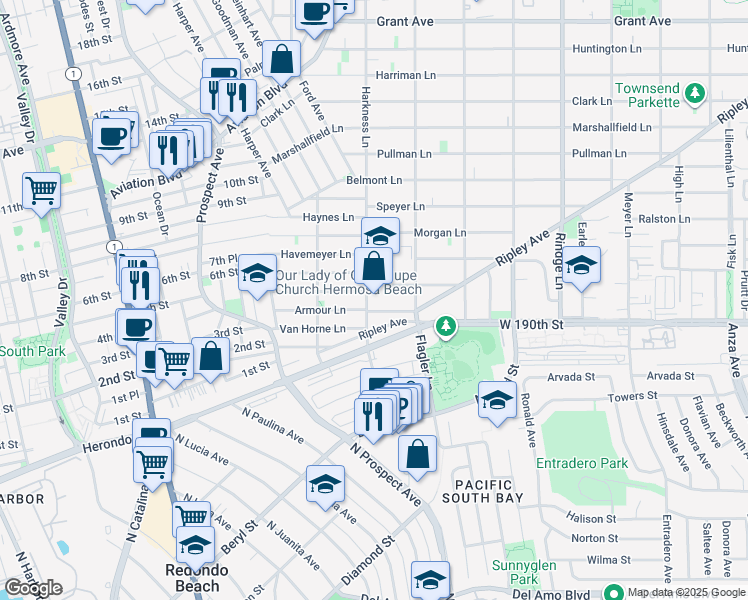 map of restaurants, bars, coffee shops, grocery stores, and more near 1739 Spreckels Lane in Redondo Beach