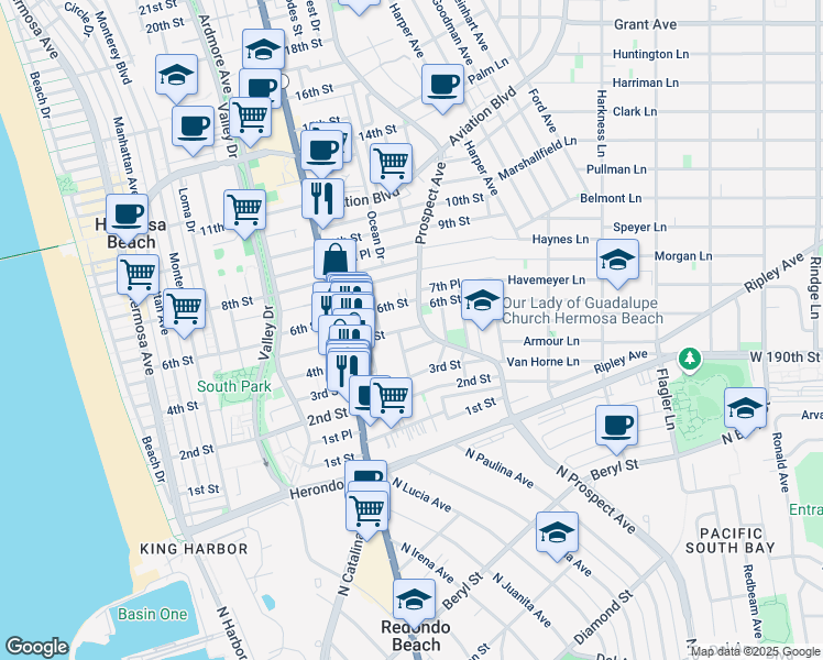 map of restaurants, bars, coffee shops, grocery stores, and more near 1004 6th Street in Hermosa Beach