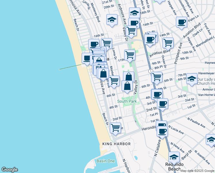 map of restaurants, bars, coffee shops, grocery stores, and more near in Hermosa Beach