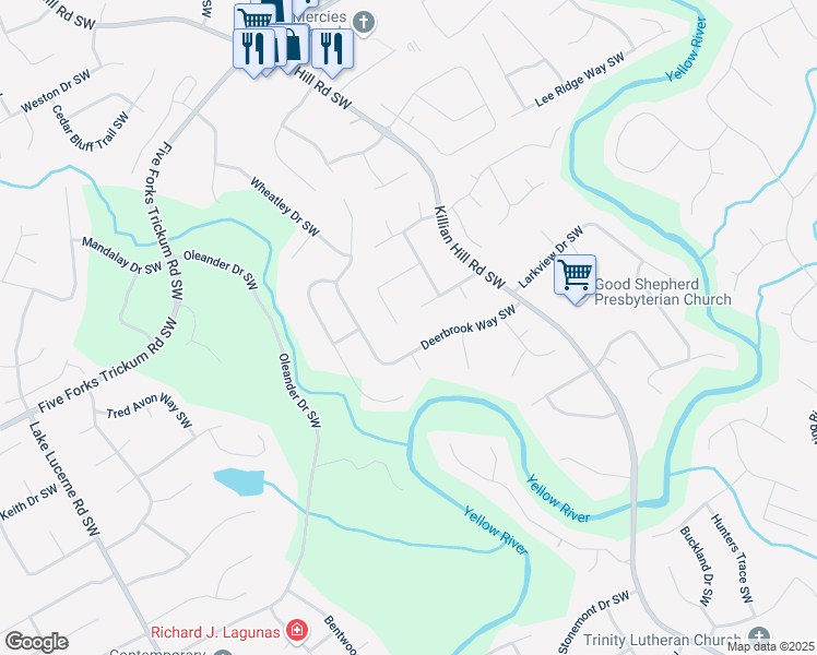 map of restaurants, bars, coffee shops, grocery stores, and more near 4128 Mayflower Court Southwest in Lilburn