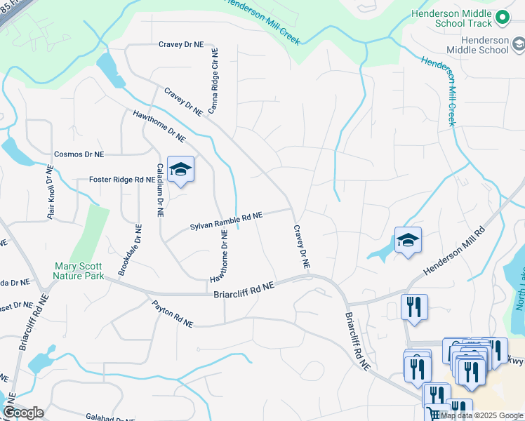 map of restaurants, bars, coffee shops, grocery stores, and more near 2960 Sylvan Ramble Road Northeast in Atlanta