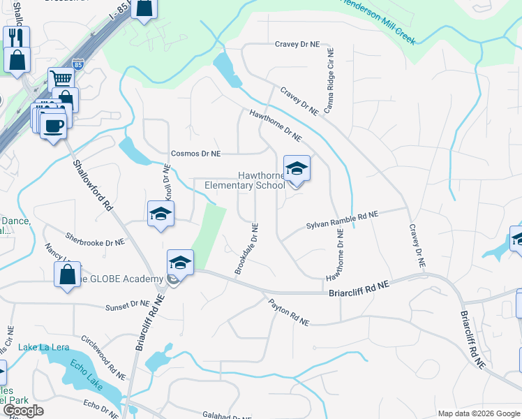 map of restaurants, bars, coffee shops, grocery stores, and more near 2499 Brookdale Drive Northeast in Atlanta
