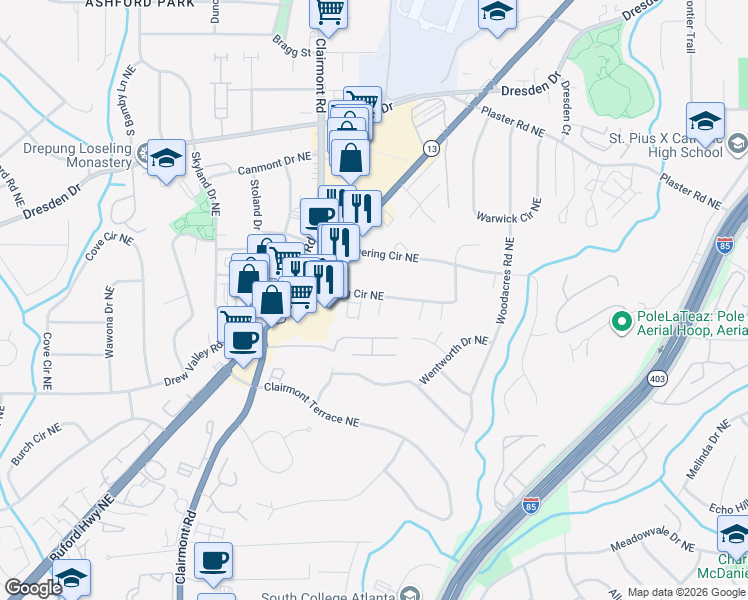 map of restaurants, bars, coffee shops, grocery stores, and more near 2544 Dering Place Northeast in Atlanta