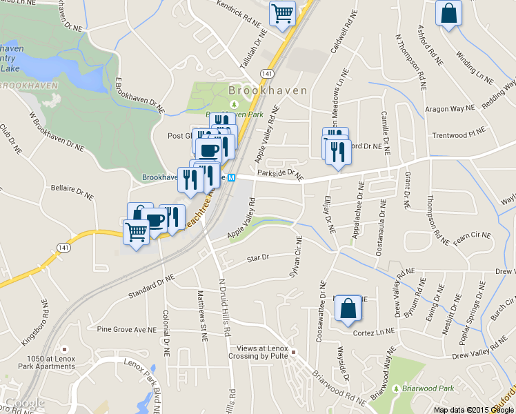 map of restaurants, bars, coffee shops, grocery stores, and more near 1257 Apple Valley Road Northeast in Atlanta